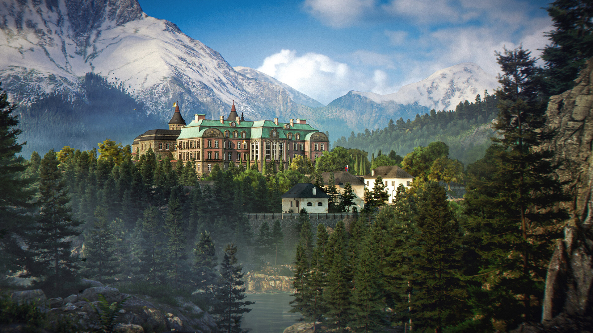 A grand alpine hotel on a forested ridge beneath snow-capped mountains in 007 First Light.