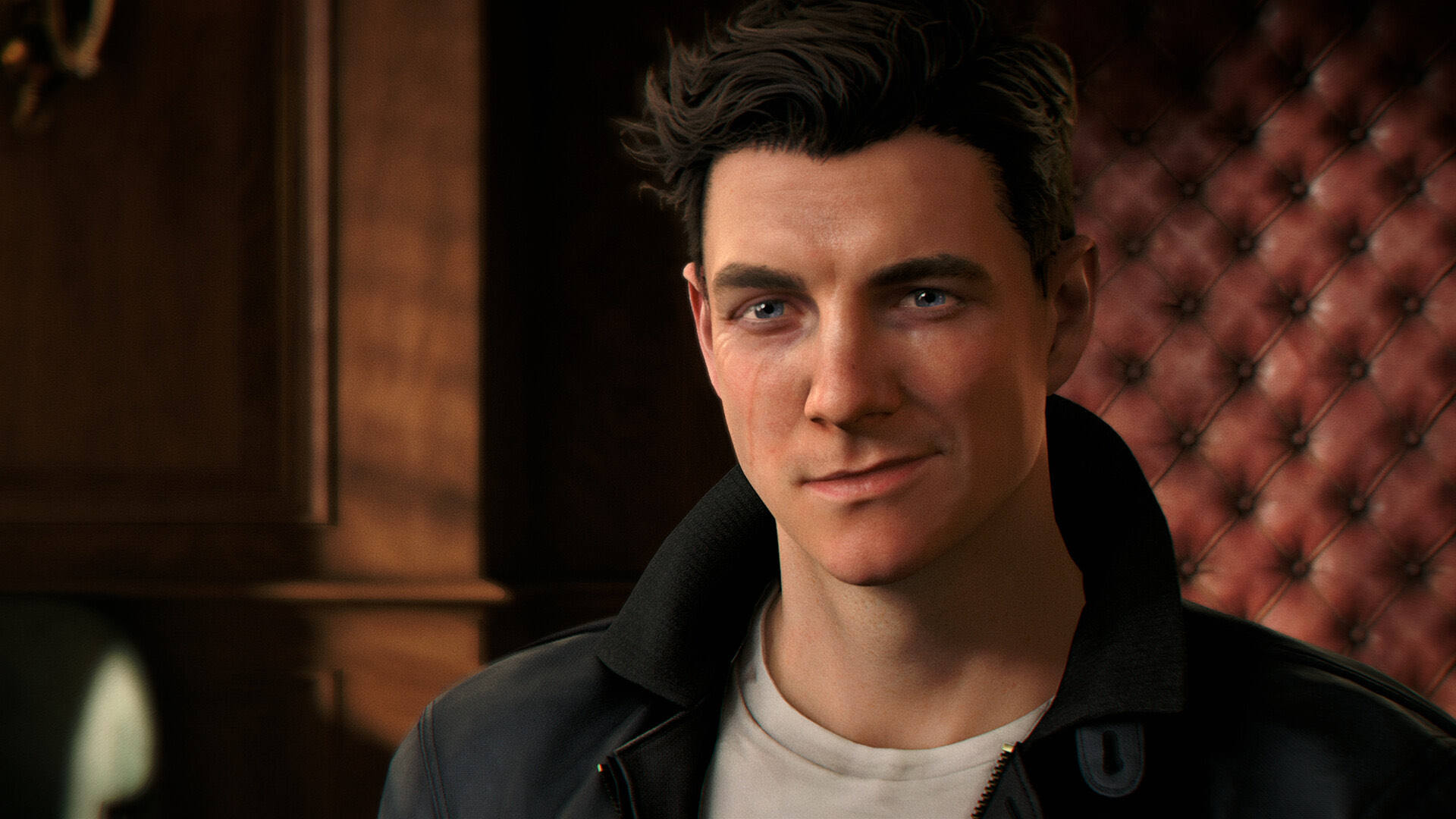 A close-up of a young James Bond in a leather jacket in 007 First Light.